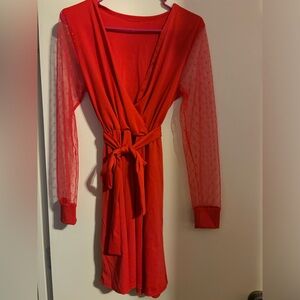 Red Mini  Dress With Lace Sleeves